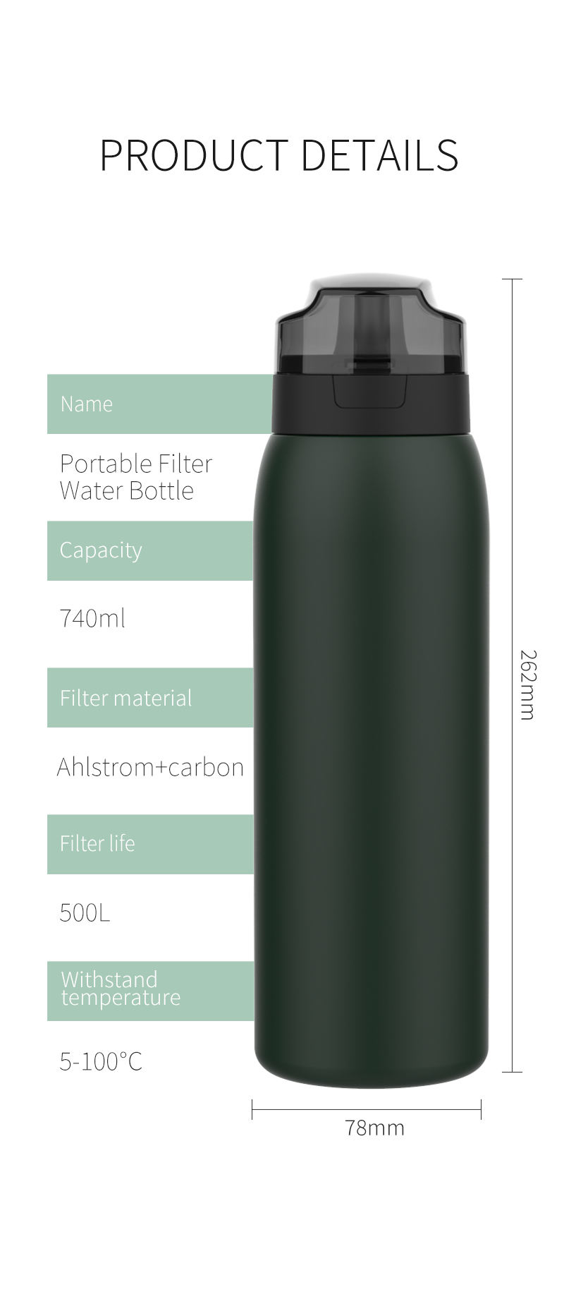 Botella de Agua con Filtro Portátil Acero Inoxidable